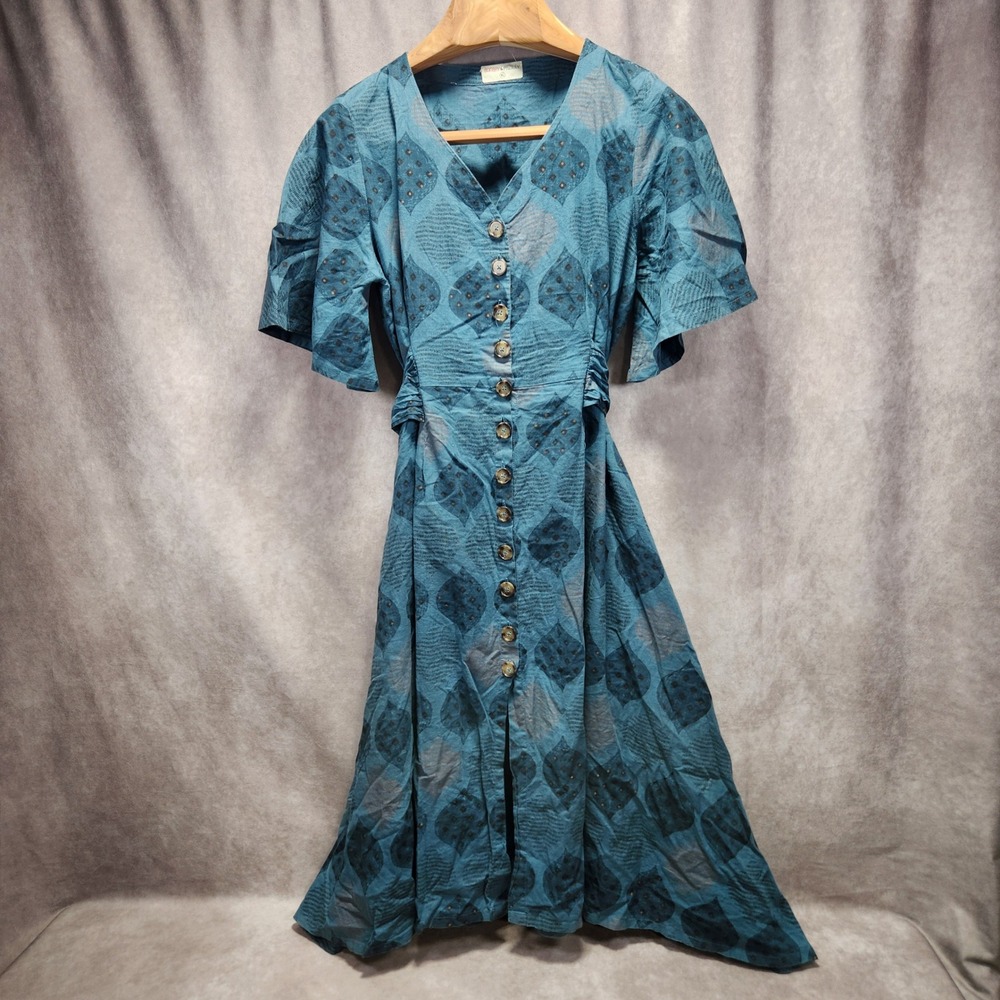 Bombay Paisley Teal Blue Cotton Geometric Print Button Front Midi Dress XL